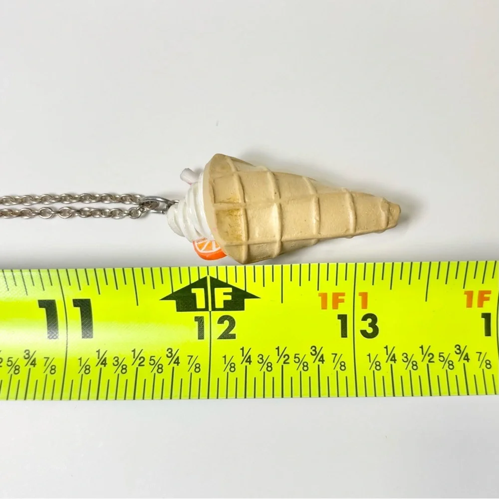 Handmade Ice Cream Waffle Cone Necklace with Pink & White Straw and Orange Slice